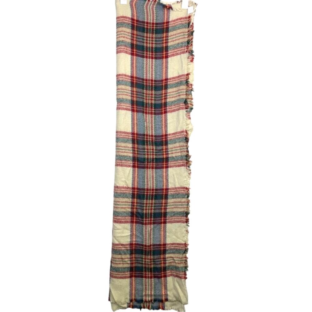 Womens Red Plaid Neck Scarf Cream Fringe Countryside Prep Square Wrap